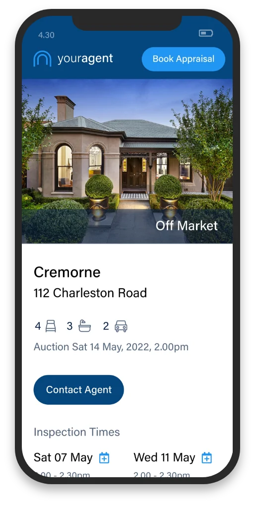 Image of three Zenu Mobile CRM Real Estate Sales Software features displayed on a Mobile Phone. Automatic Property Alerts with a subscription form field. Contact details in Contact Management Screen categorised as 'buyer', 'investor', and 'prospective seller' with a call button. Mobile phone screen displaying the Open for Inspection Property Listing in Listing Management Window. The Property Listing Image is of a Large Free Standing Australian Heritage House, marked as an Off-Market Property for Sale within Zenu Mobile Open for Inspection Tool Listing Management Window.