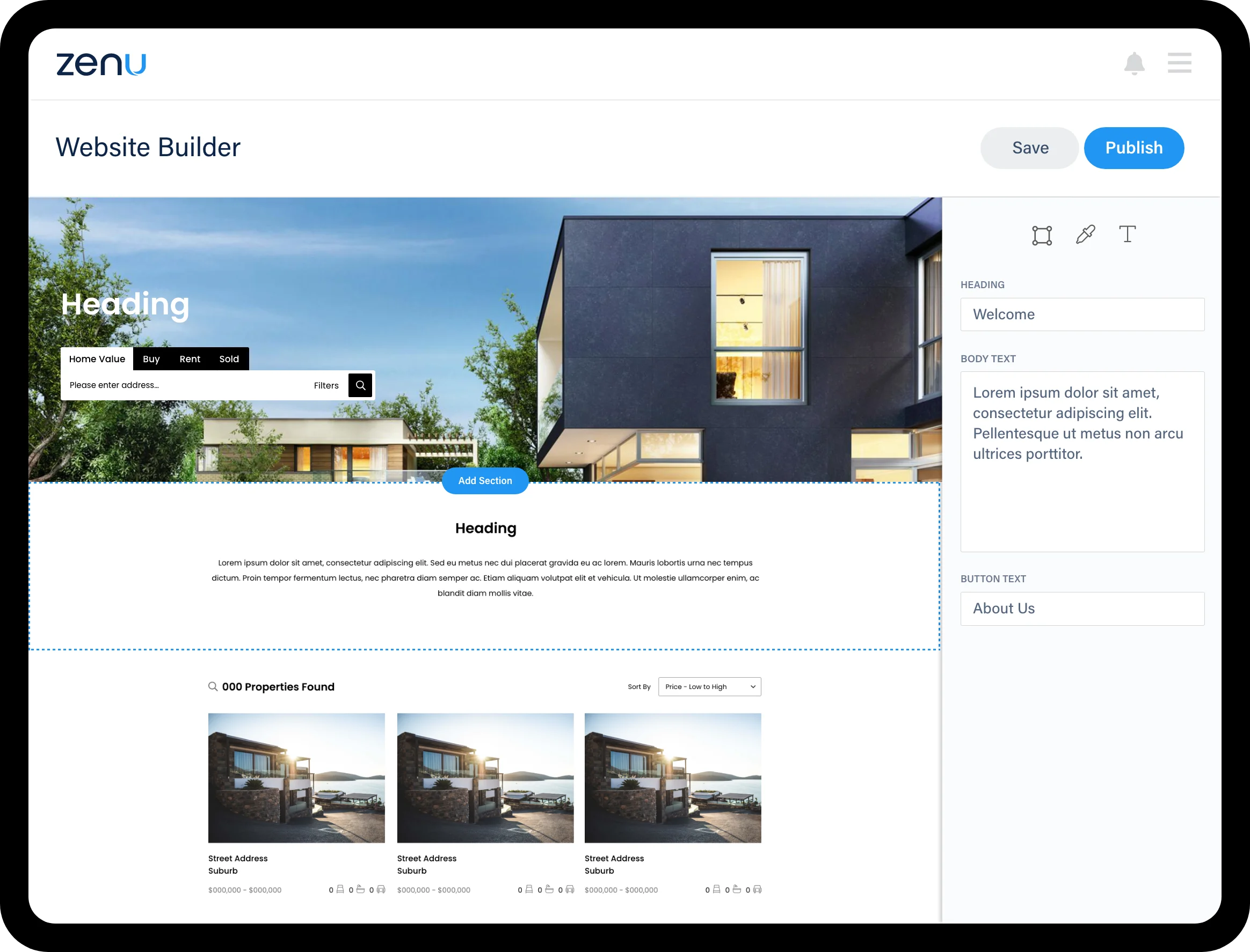 Image of Zenu Real Estate website builder and template real estate website design